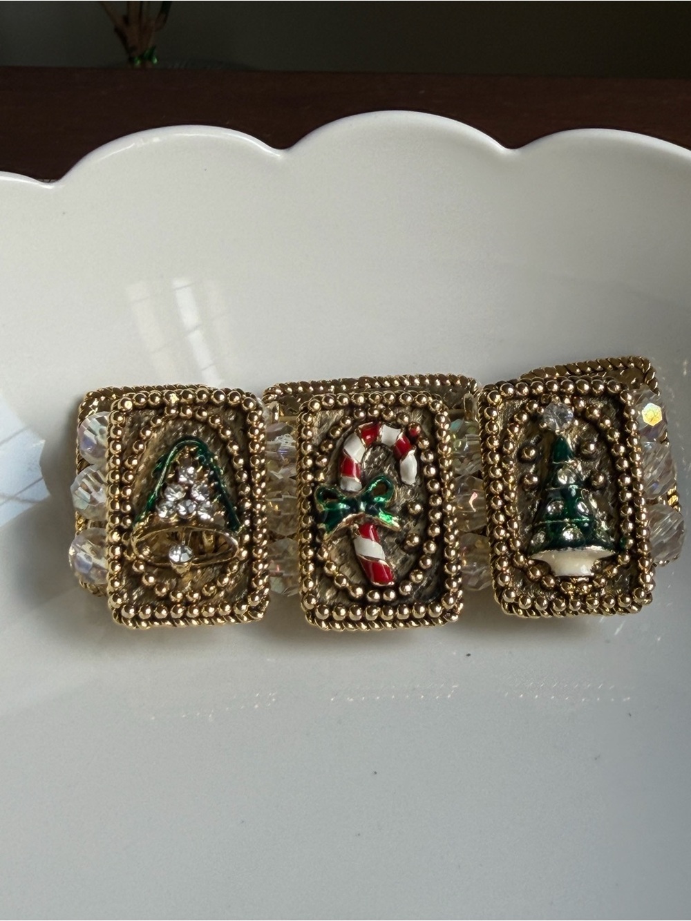 Festive Gold-Tone Crystal Stretch Bracelet with Christmas Charms